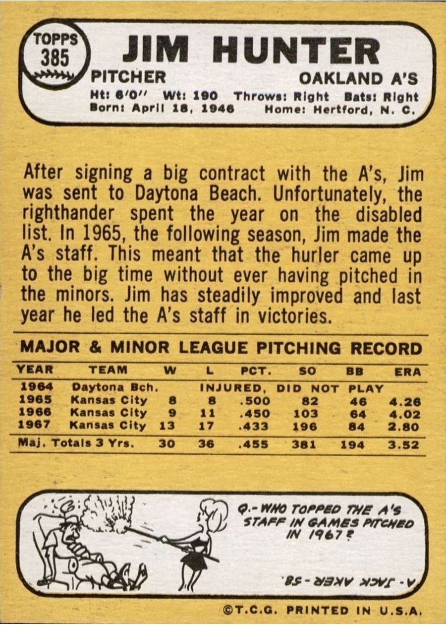 1968 Topps #385 Jim Hunter card back