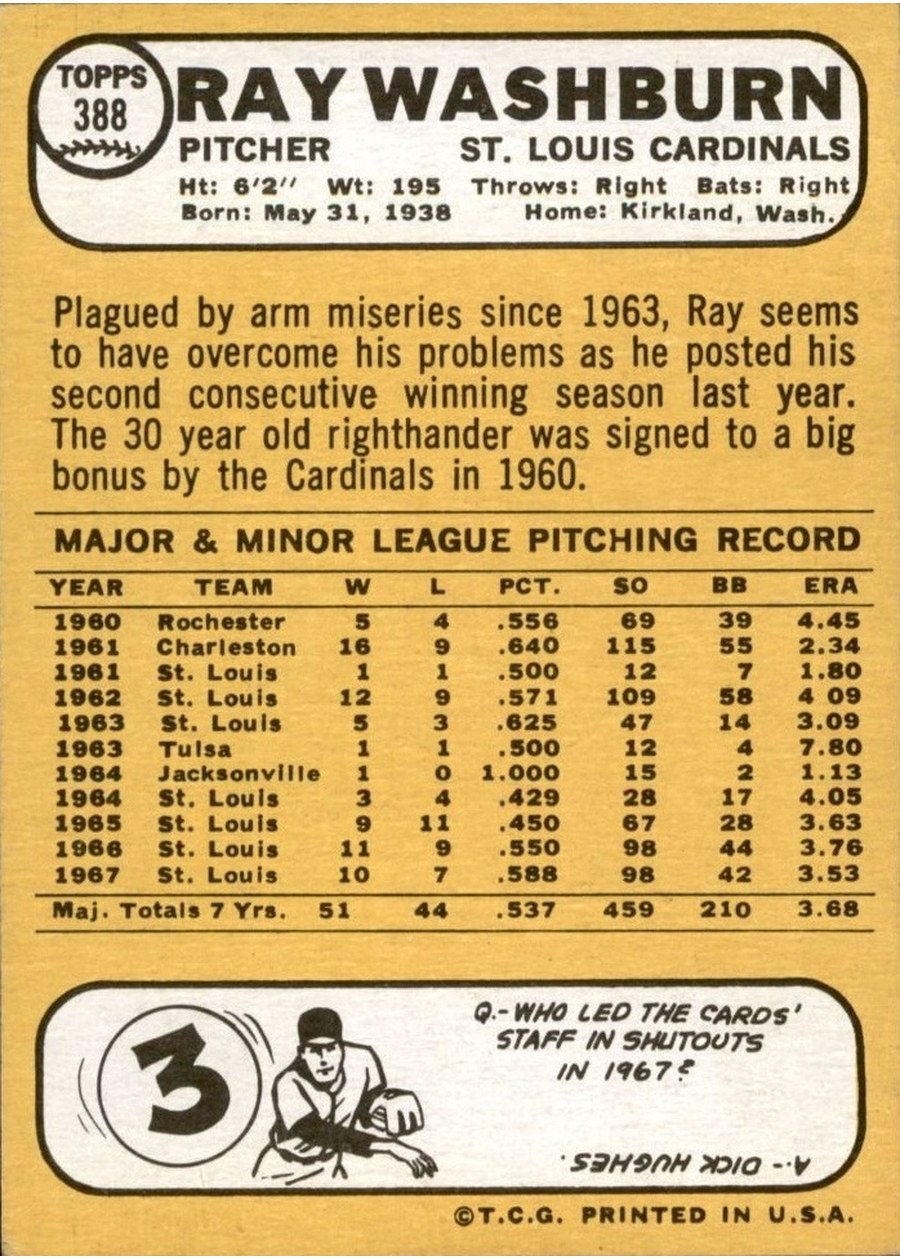 1968 Topps #388 Ray Washburn card back