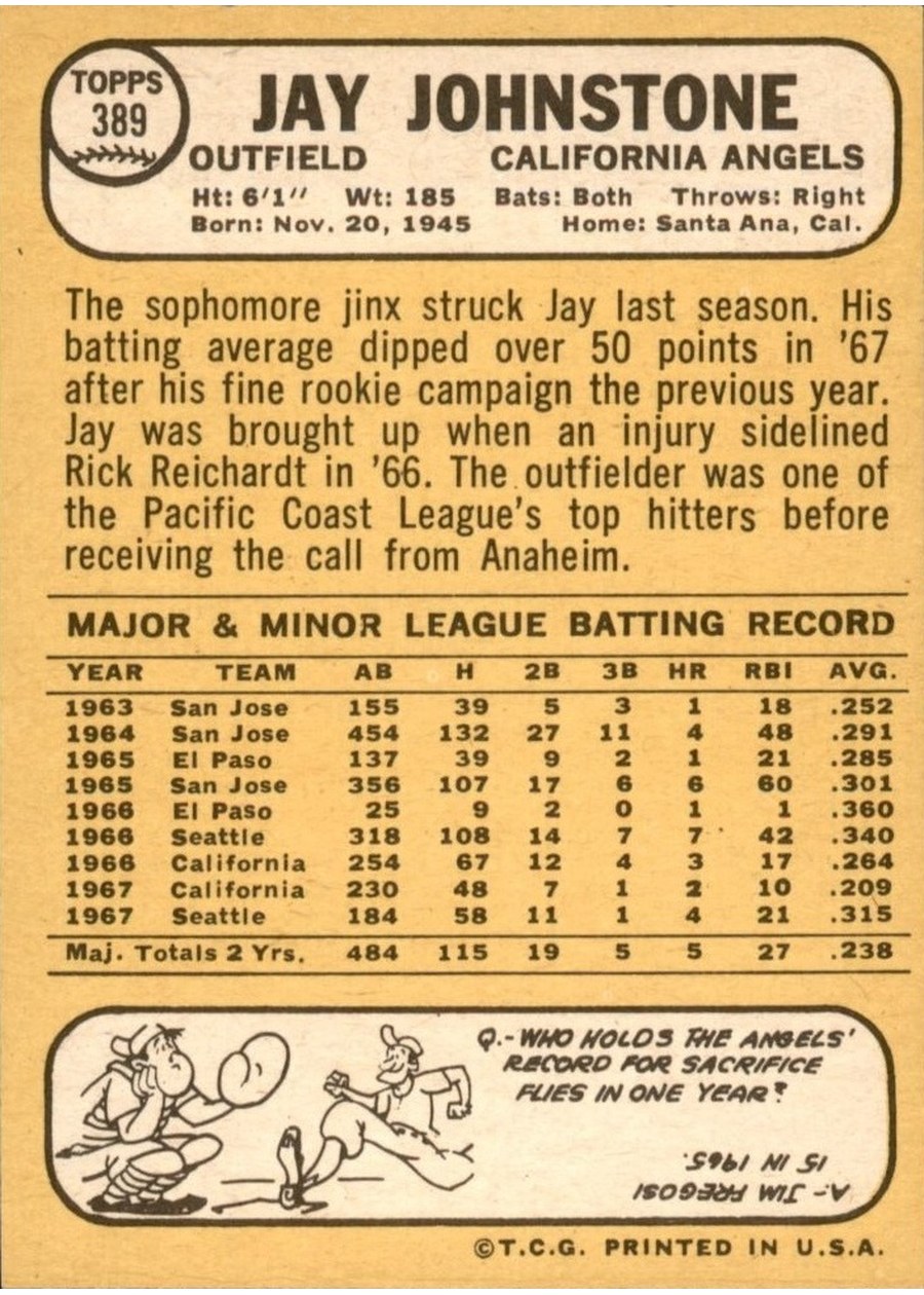 1968 Topps #389 Jay Johnstone card back