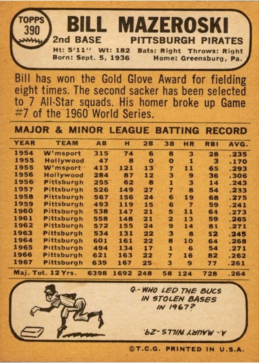 1968 Topps #390 Bill Mazeroski card back