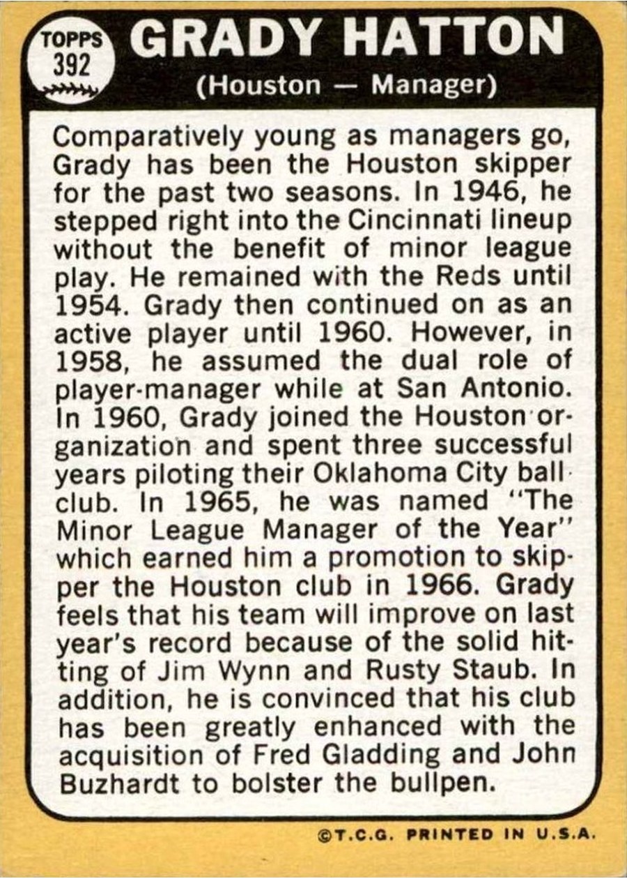 1968 Topps #392 Grady Hatton card back