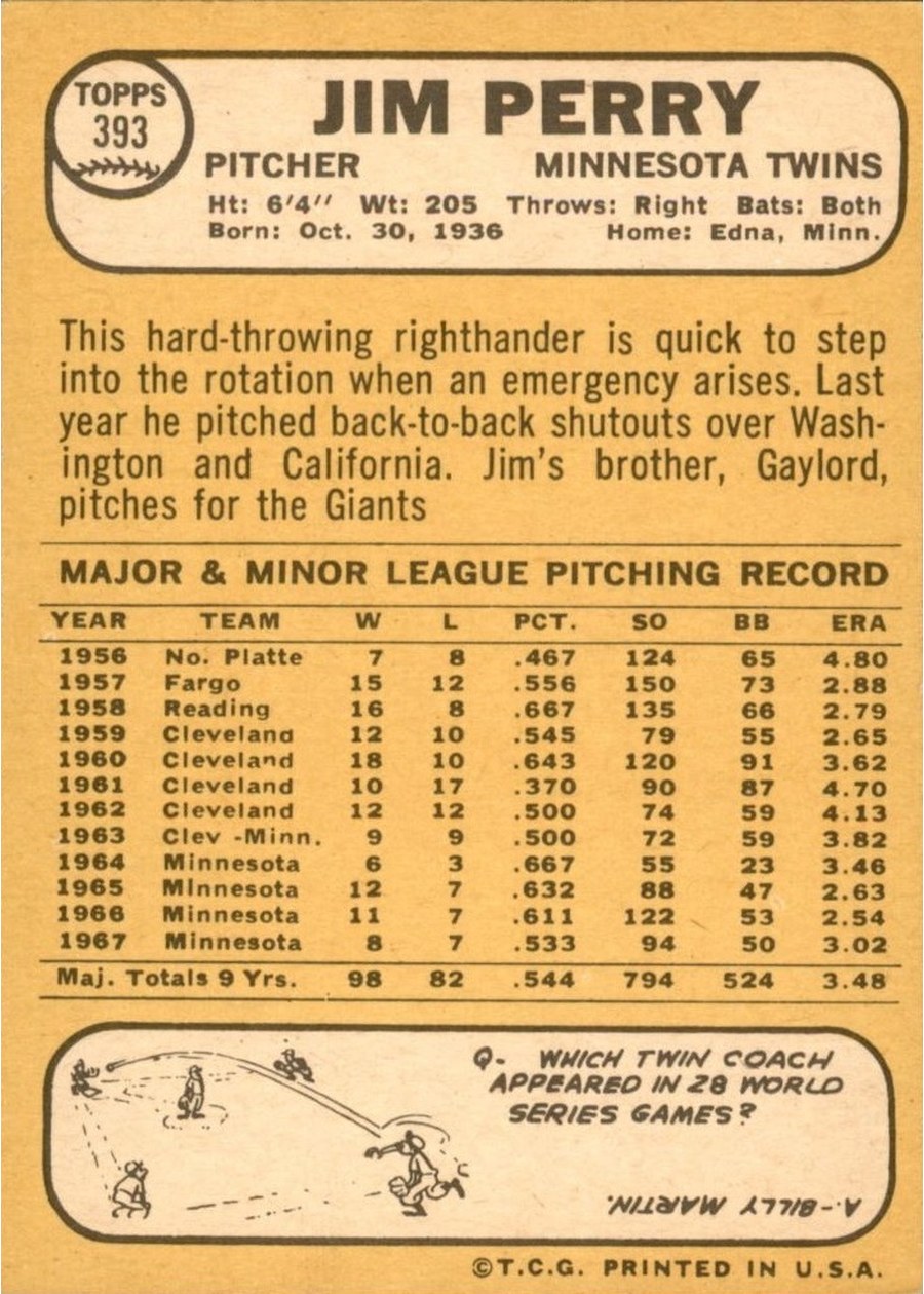 1968 Topps #393 Jim Perry card back