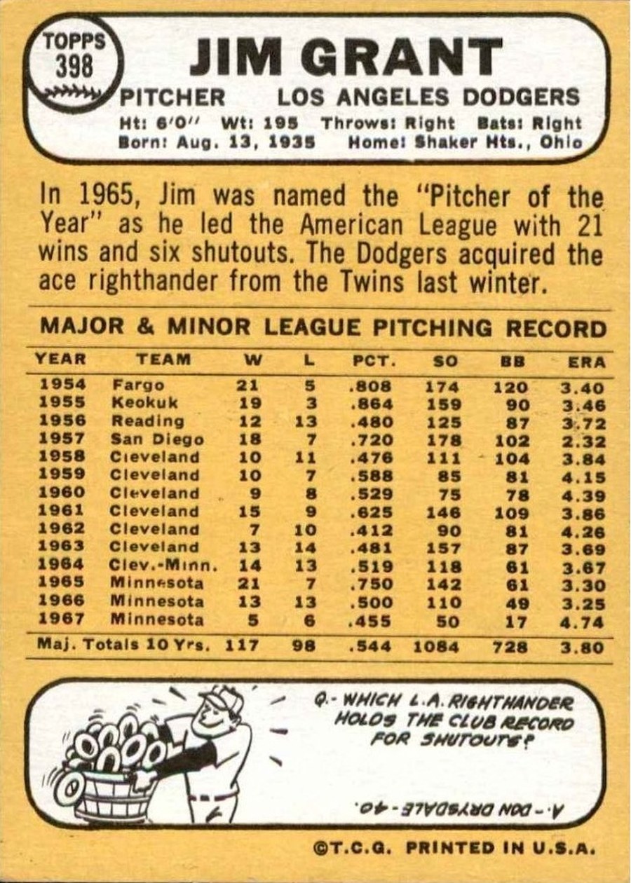 1968 Topps #398 Jim Grant card back