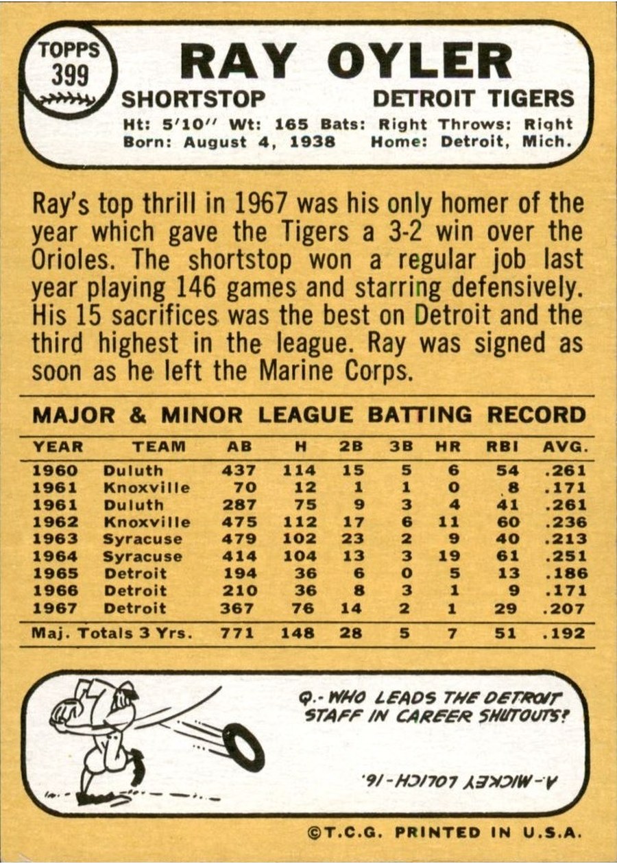 1968 Topps #399 Ray Oyler card back