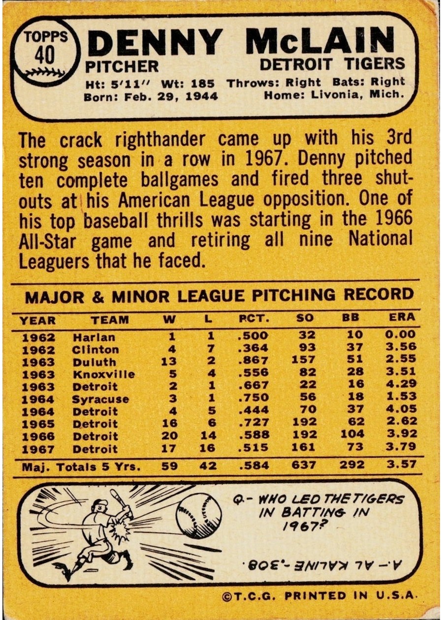 1968 Topps #40 Denny McLain card back