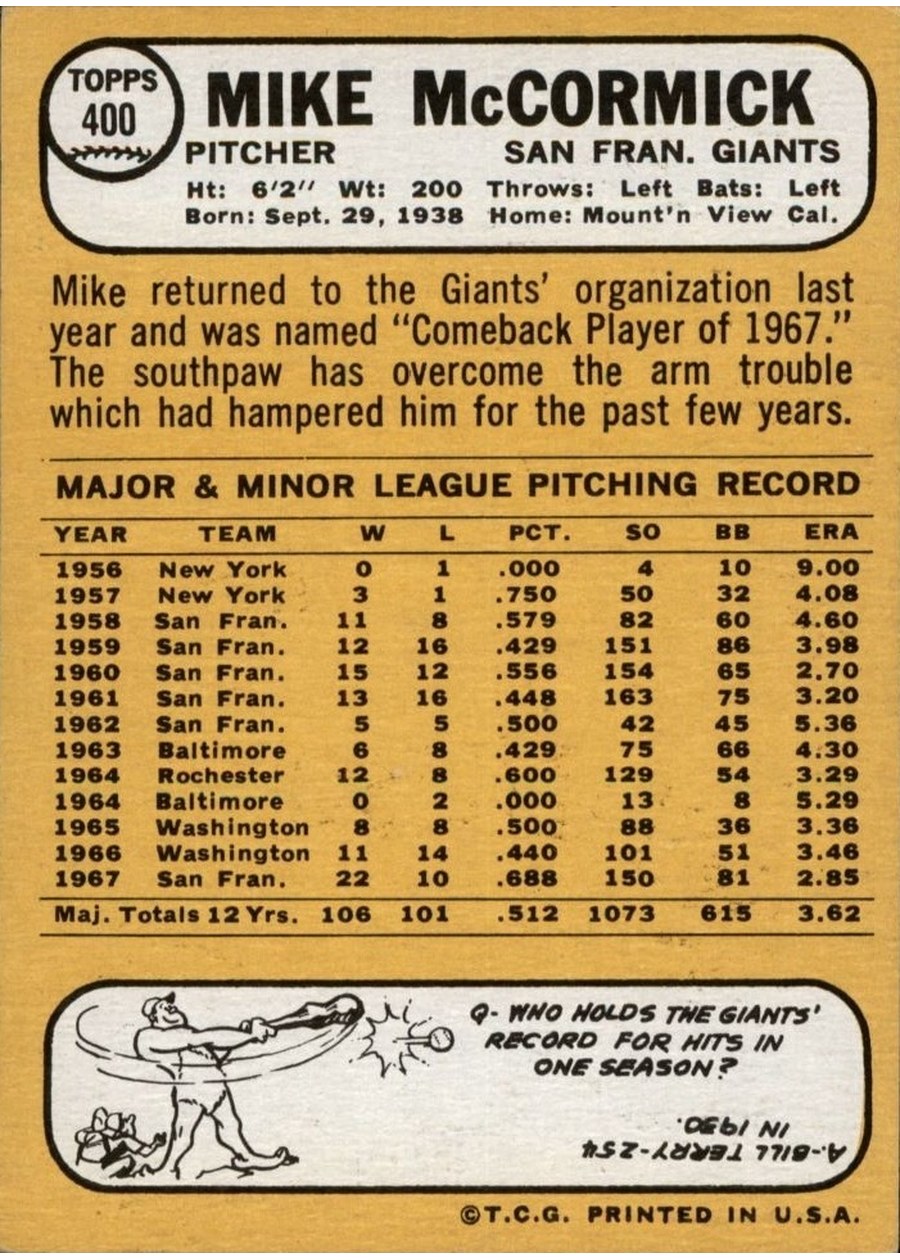 1968 Topps #400 Mike McCormick card back