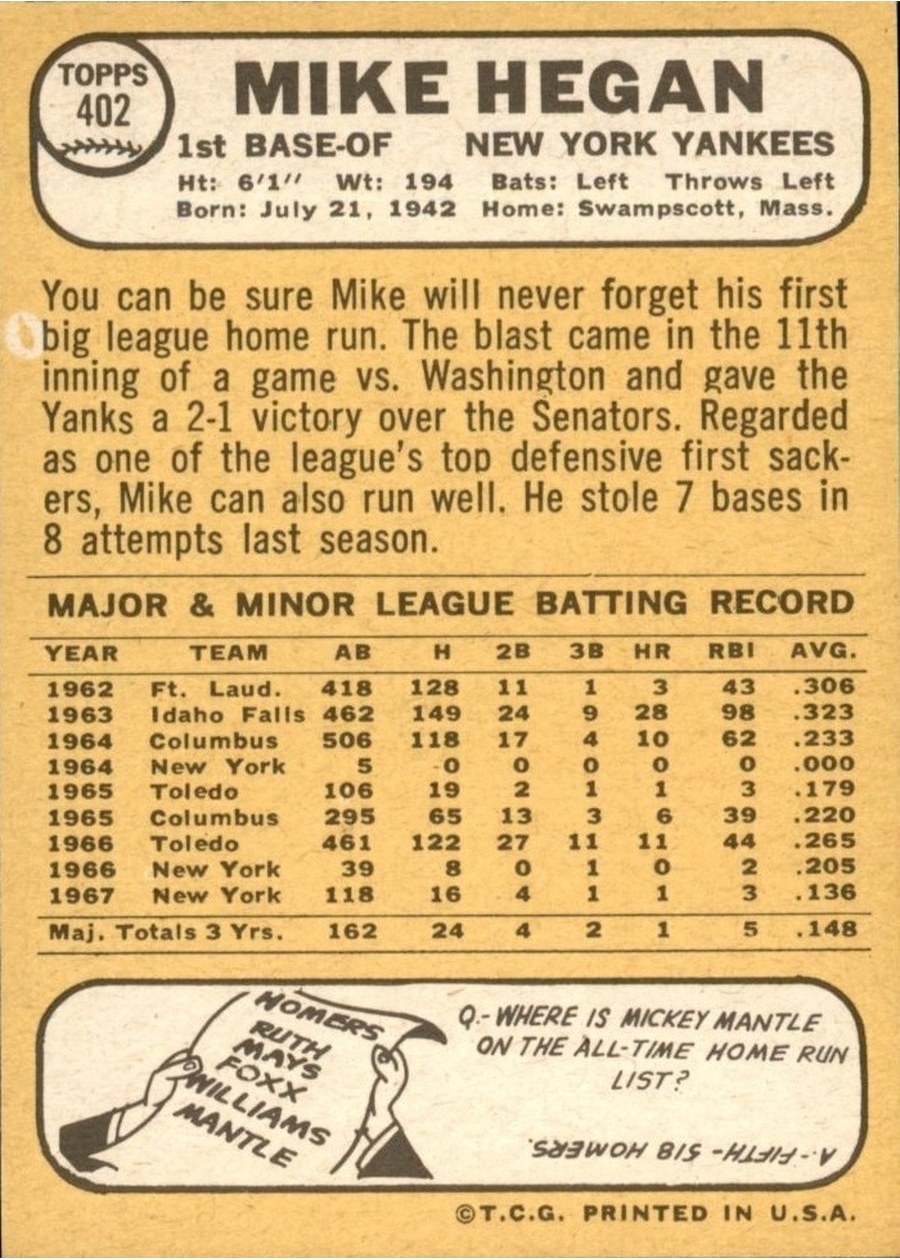 1968 Topps #402 Mike Hegan card back