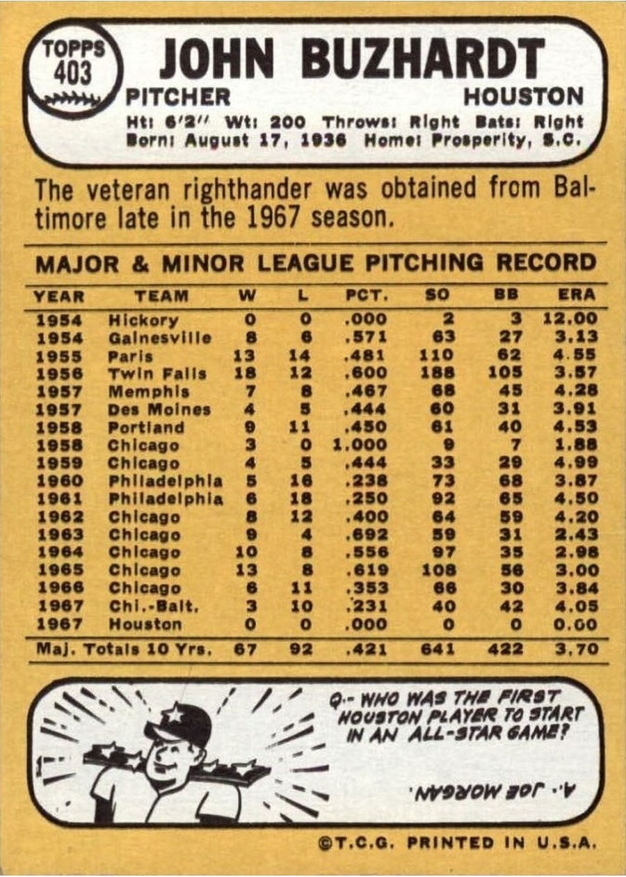 1968 Topps #403 John Buzhardt card back