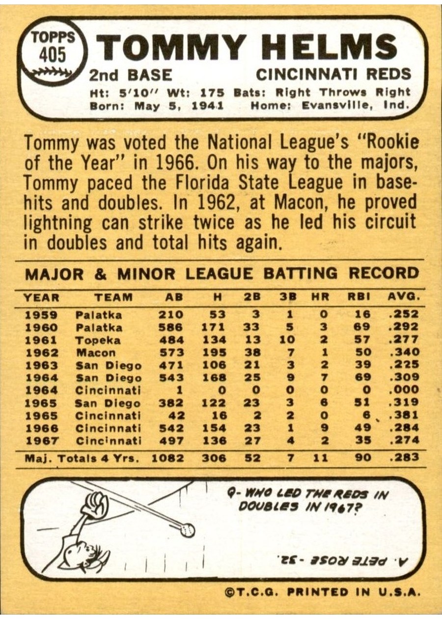 1968 Topps #405 Tommy Helms card back