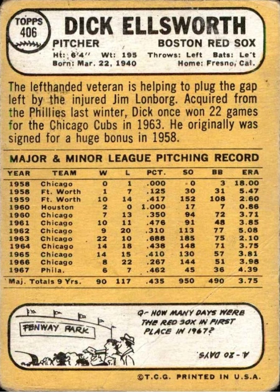 1968 Topps #406 Dick Ellsworth card back