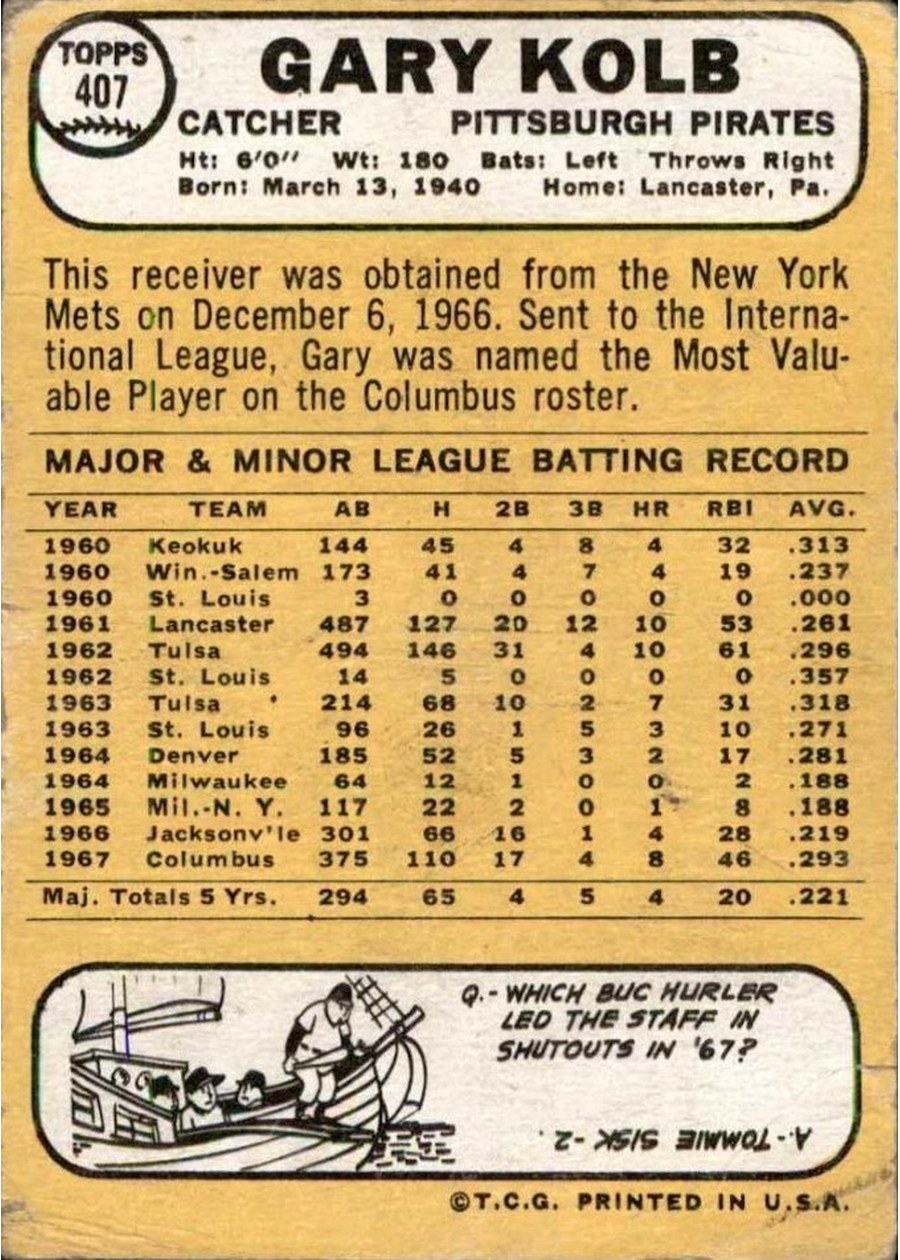 1968 Topps #407 Gary Kolb card back