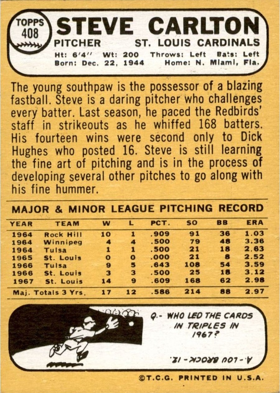 1968 Topps #408 Steve Carlton card back