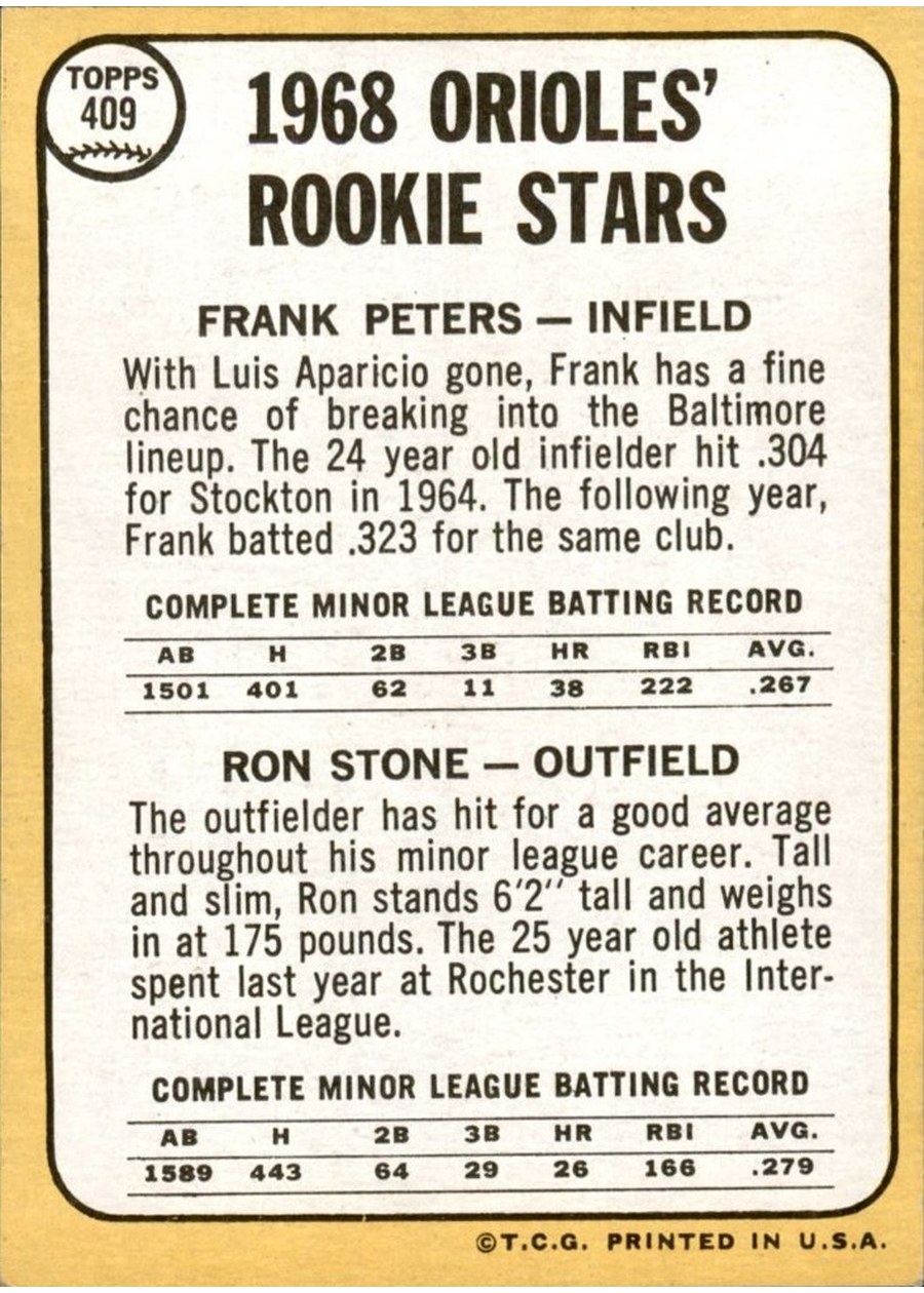 1968 Topps #409 Orioles 1968 Rookie Stars card back