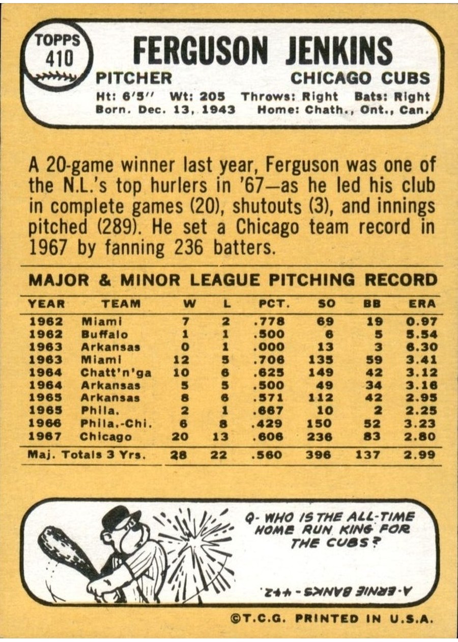 1968 Topps #410 Ferguson Jenkins card back