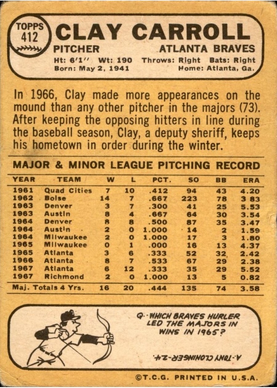 1968 Topps #412 Clay Carroll card back