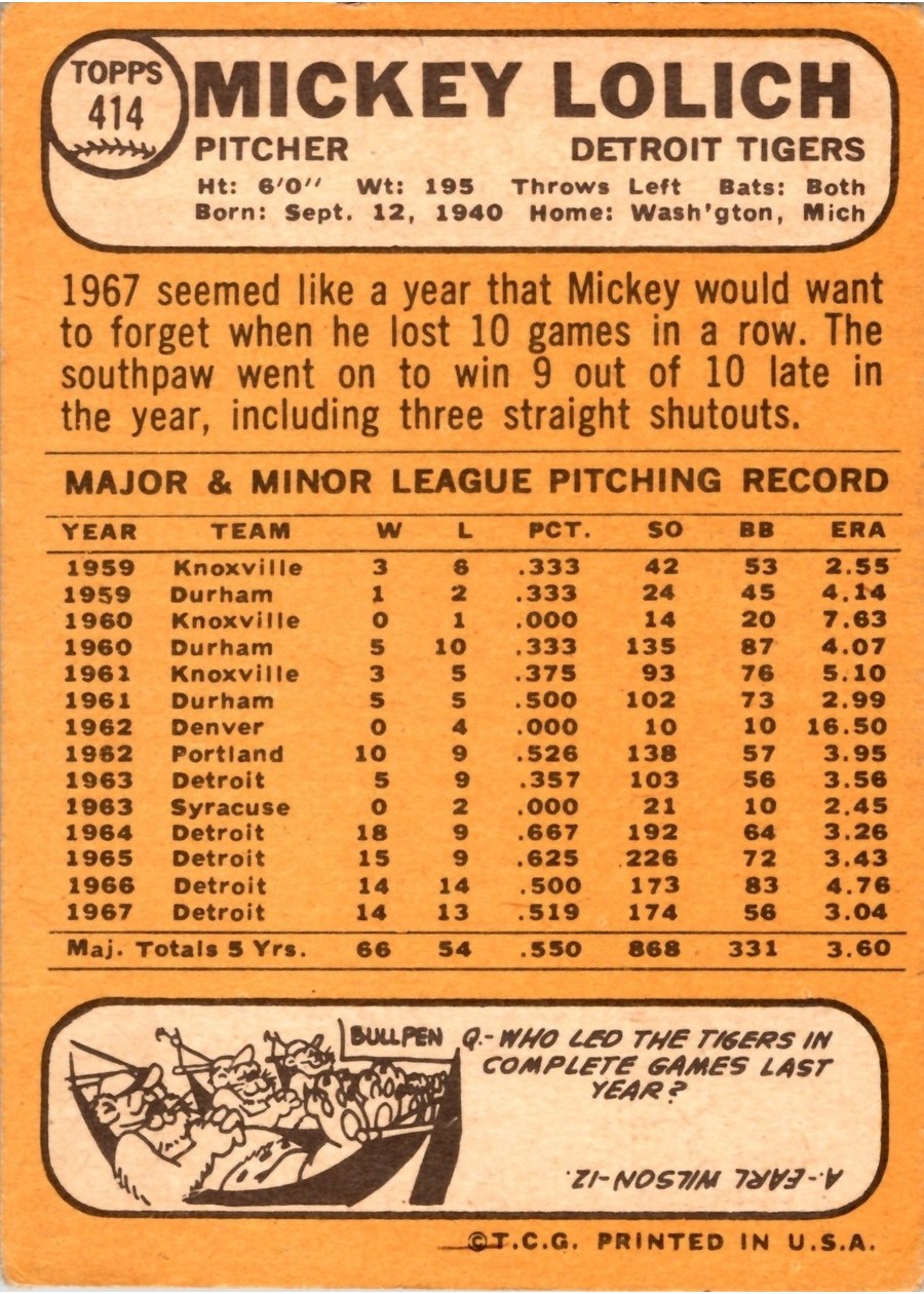 1968 Topps #414 Mickey Lolich card back