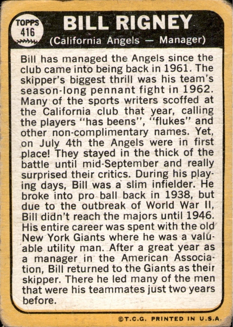 1968 Topps #416 Bill Rigney card back