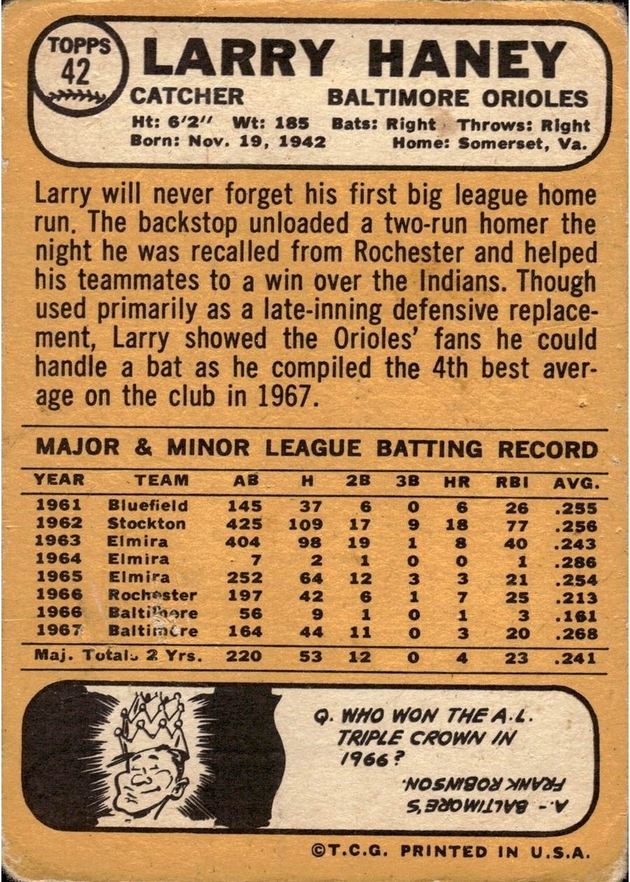 1968 Topps #42 Larry Haney card back