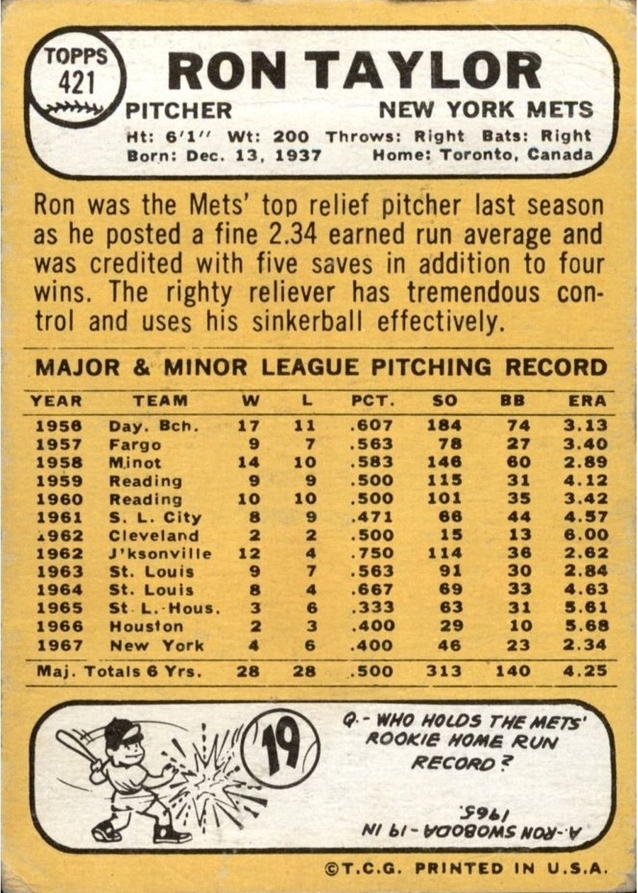 1968 Topps #421 Ron Taylor card back
