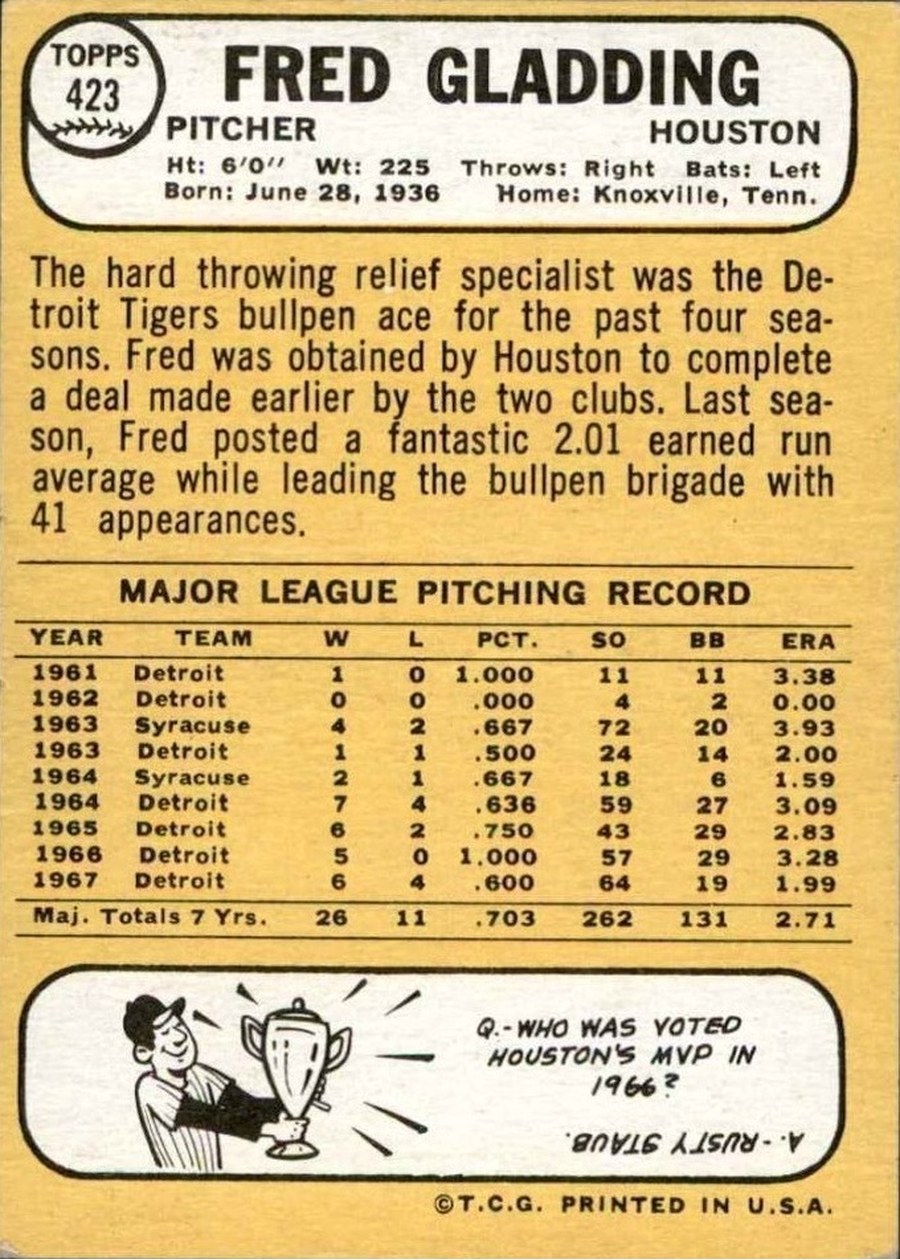 1968 Topps #423 Fred Gladding card back
