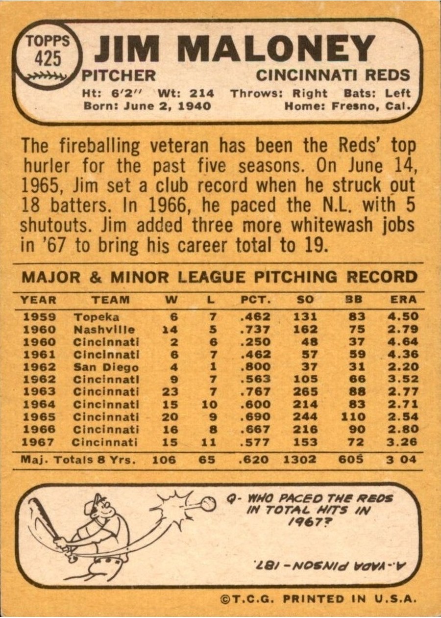 1968 Topps #425 Jim Maloney card back