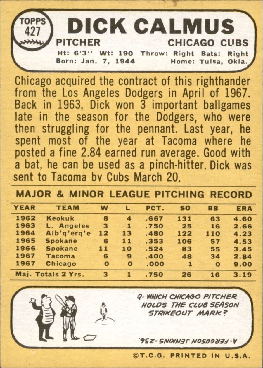 1968 Topps #427 Dick Calmus card back