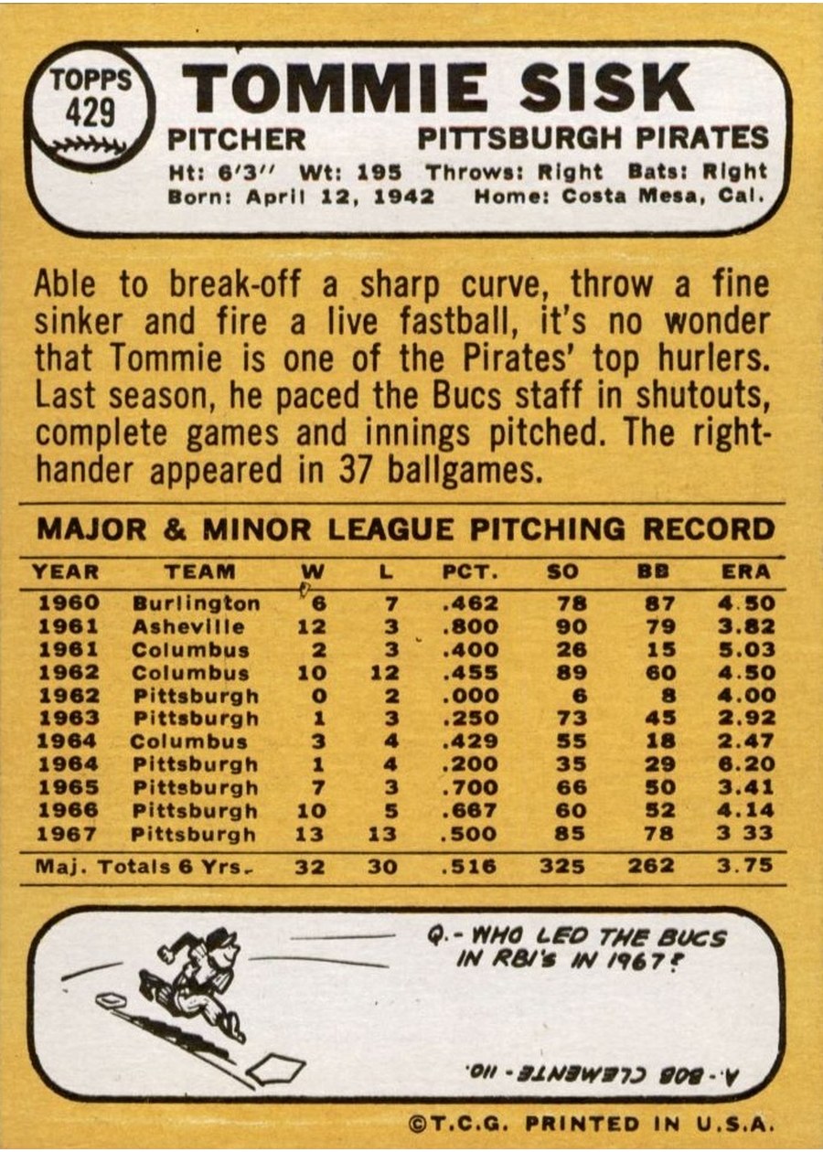 1968 Topps #429 Tommie Sisk card back