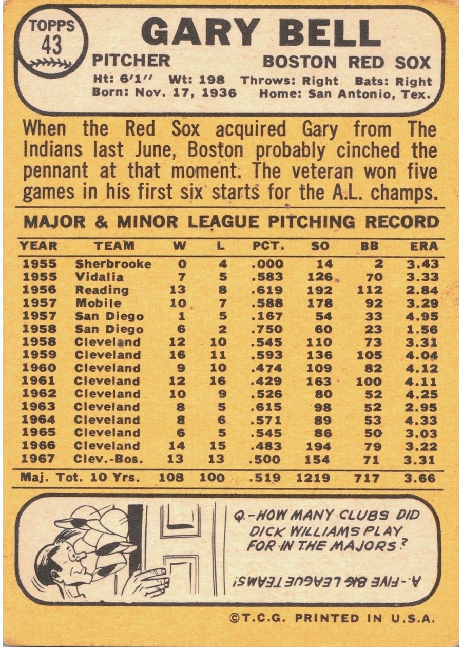 1968 Topps #43 Gary Bell card back