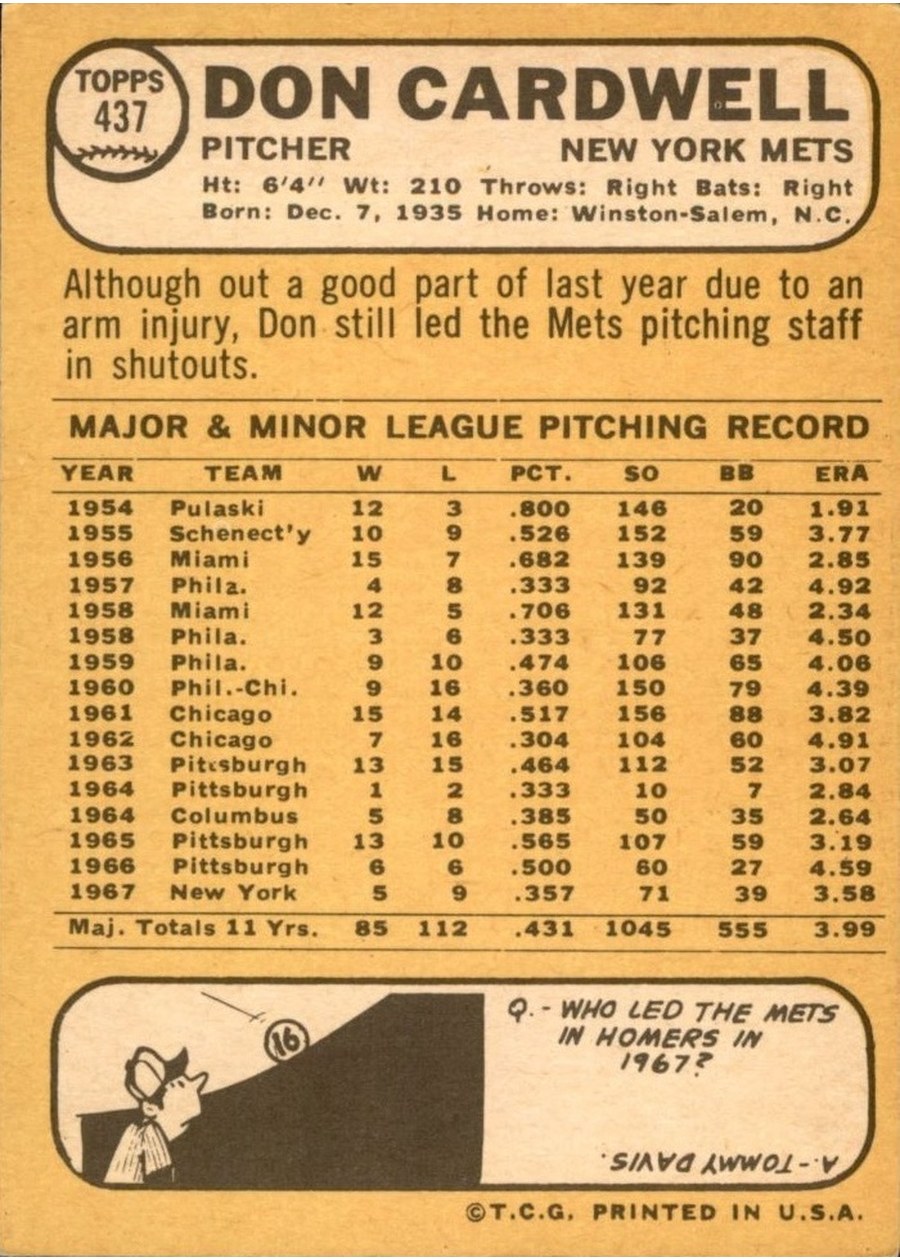 1968 Topps #437 Don Cardwell card back