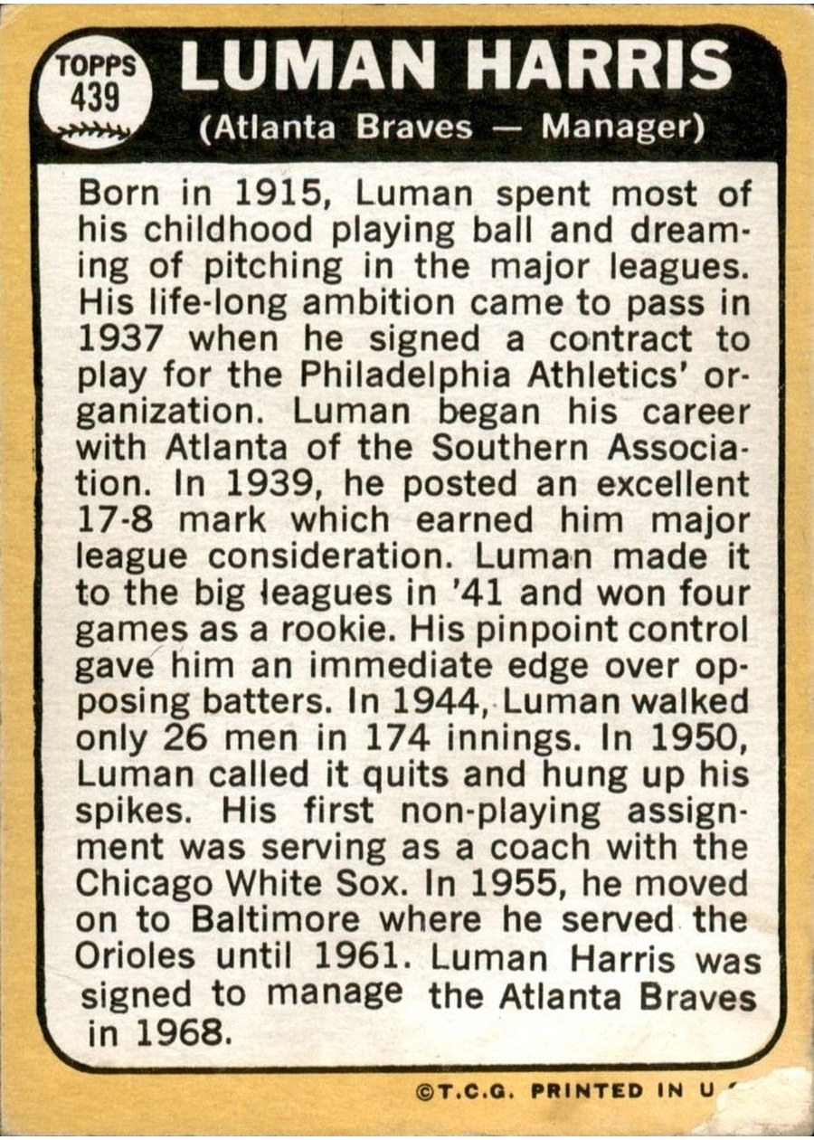1968 Topps #439 Luman Harris card back