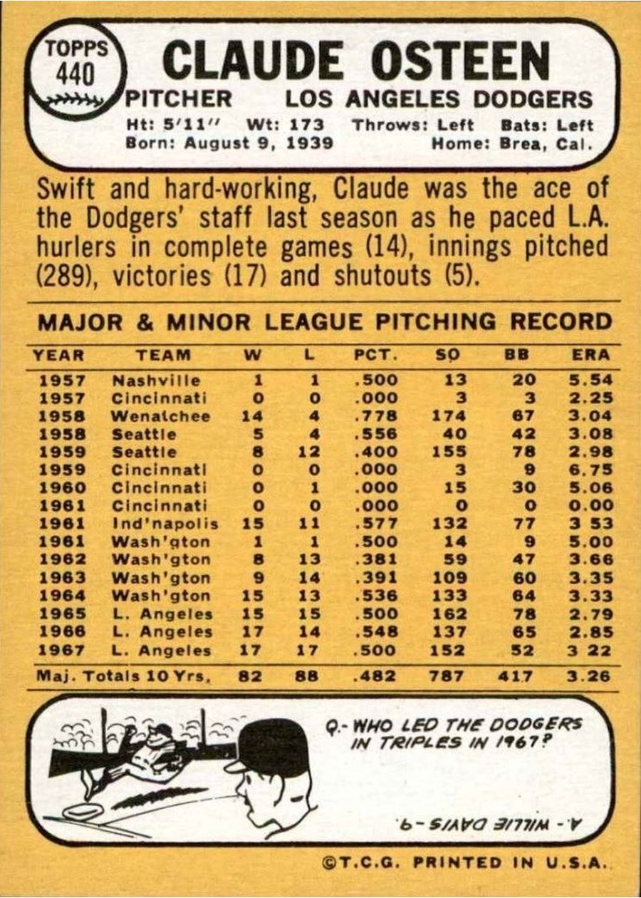1968 Topps #440 Claude Osteen card back