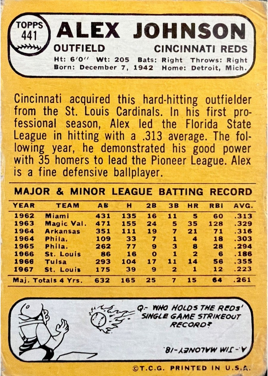1968 Topps #441 Alex Johnson card back