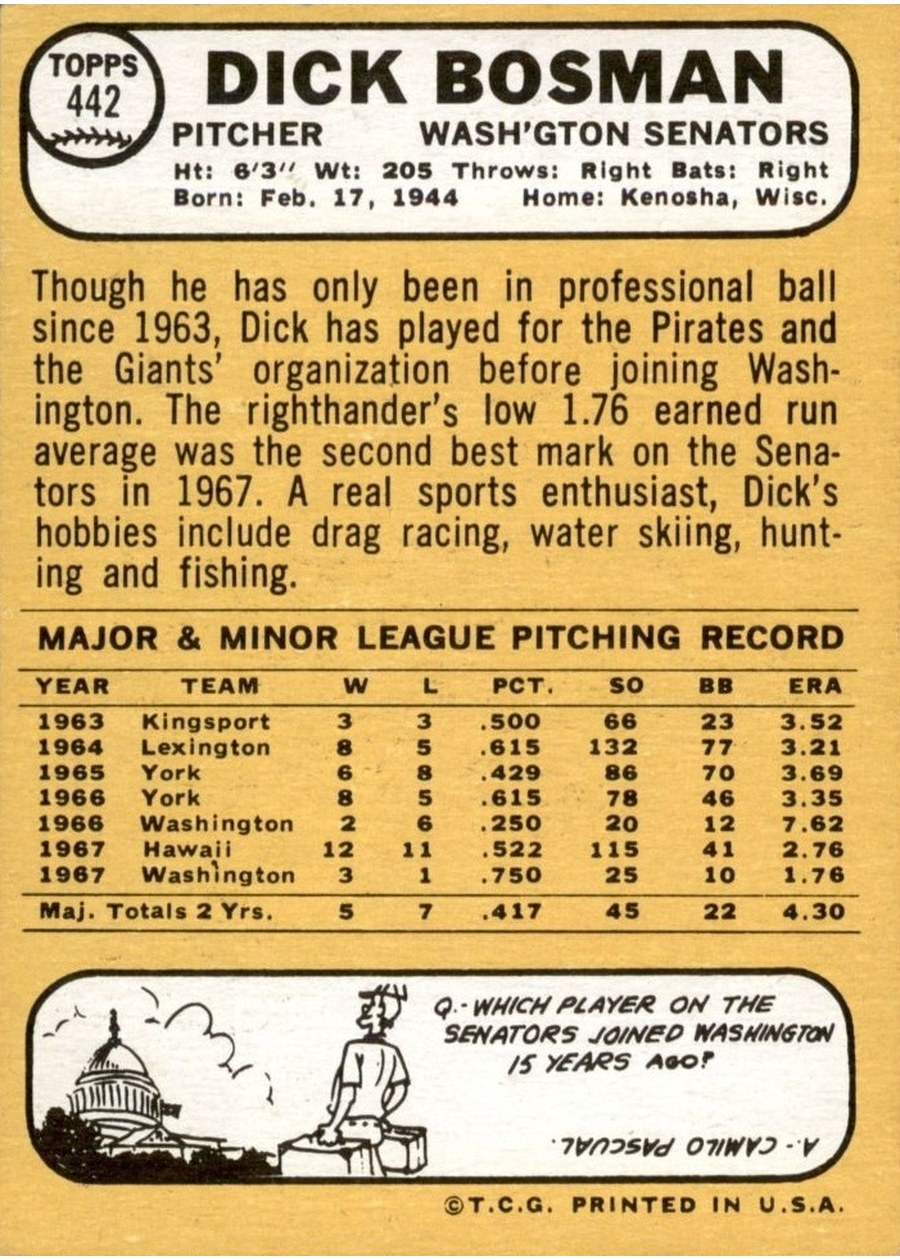 1968 Topps #442 Dick Bosman card back