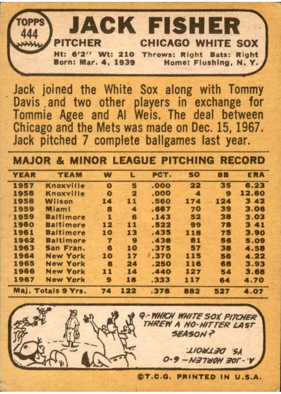 1968 Topps #444 Jack Fisher card back