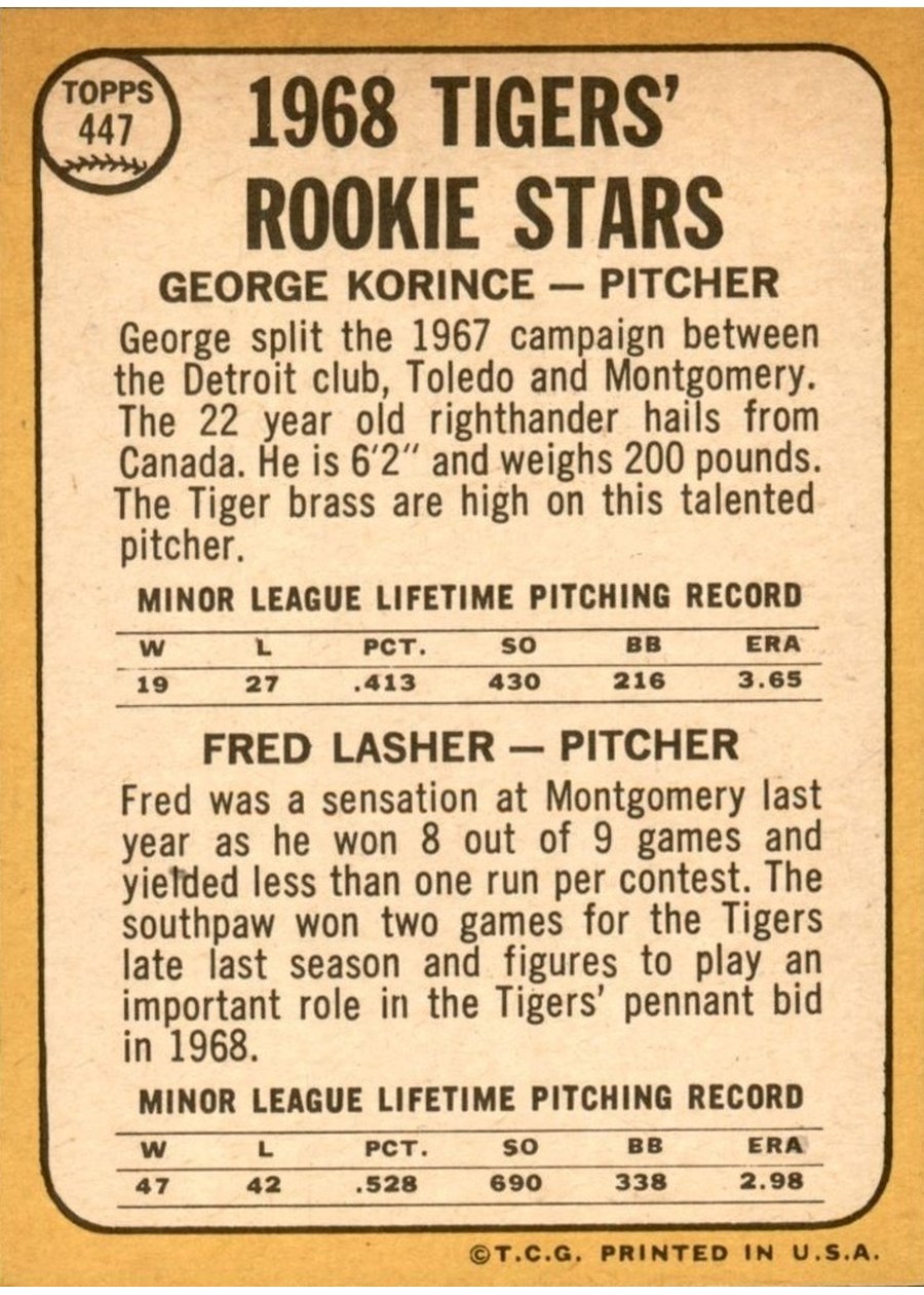 1968 Topps #447 Tigers 1968 Rookie Stars card back