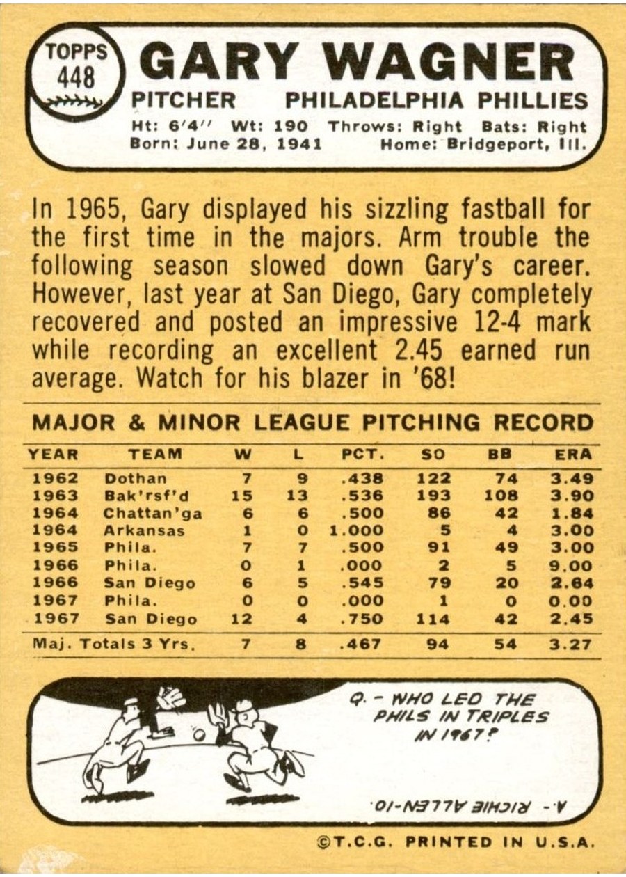 1968 Topps #448 Gary Wagner card back
