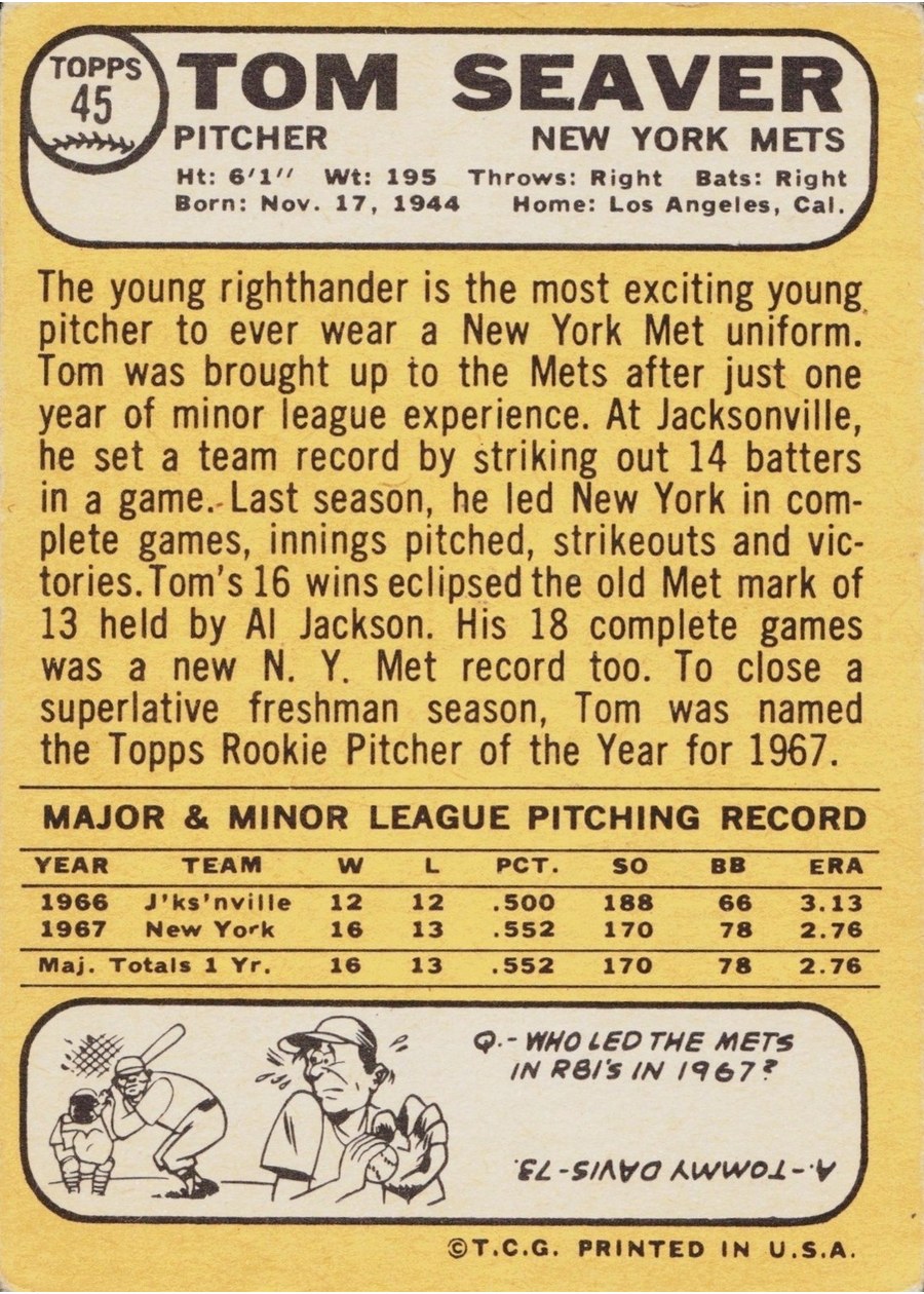 1968 Topps #45 Tom Seaver card back