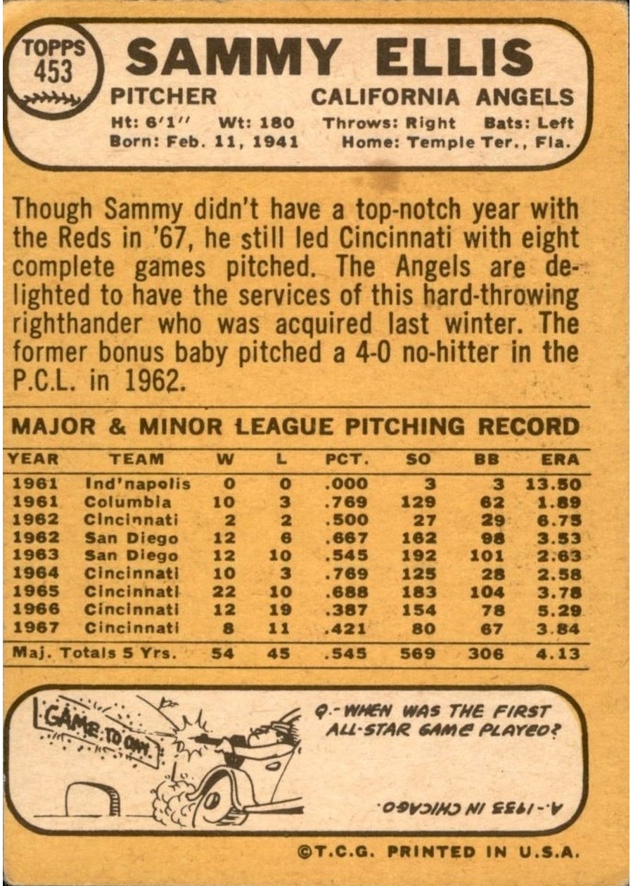 1968 Topps #453 Sammy Ellis card back