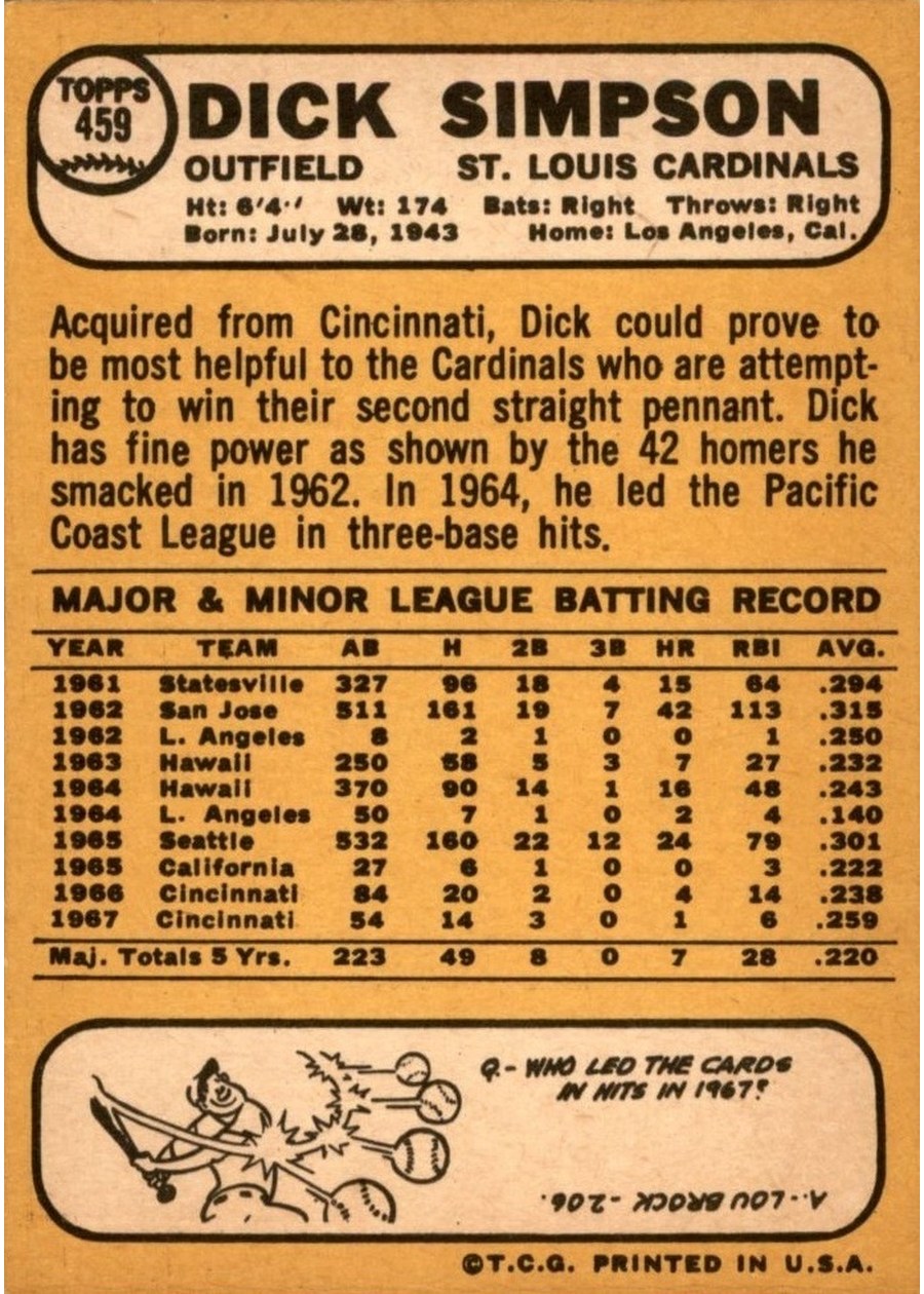 1968 Topps #459 Dick Simpson card back