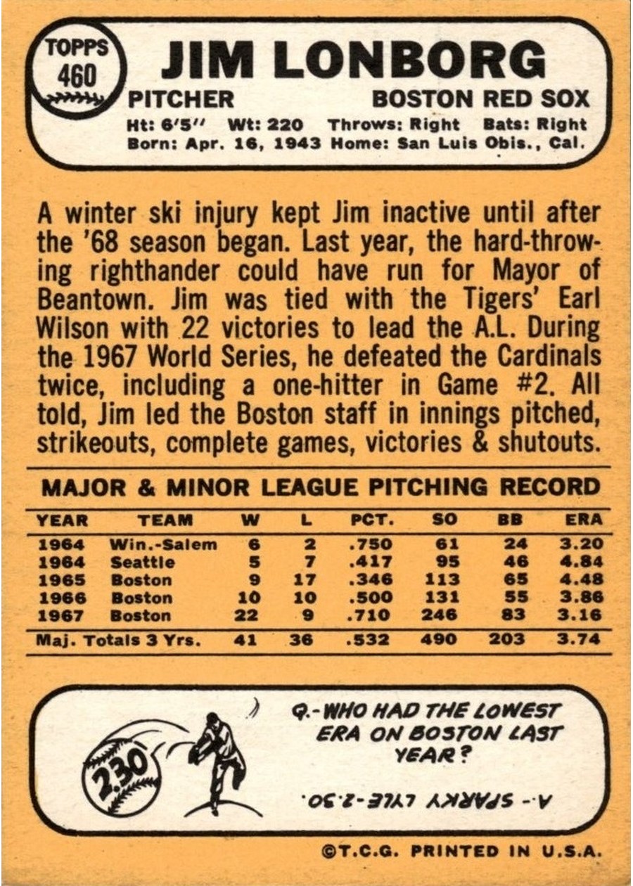 1968 Topps #460 Jim Lonborg card back