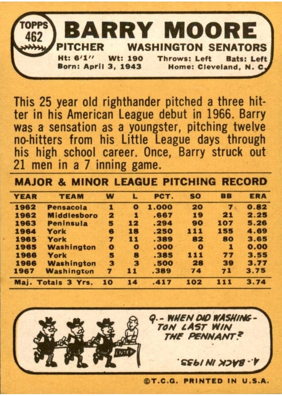 1968 Topps #462 Barry Moore card back