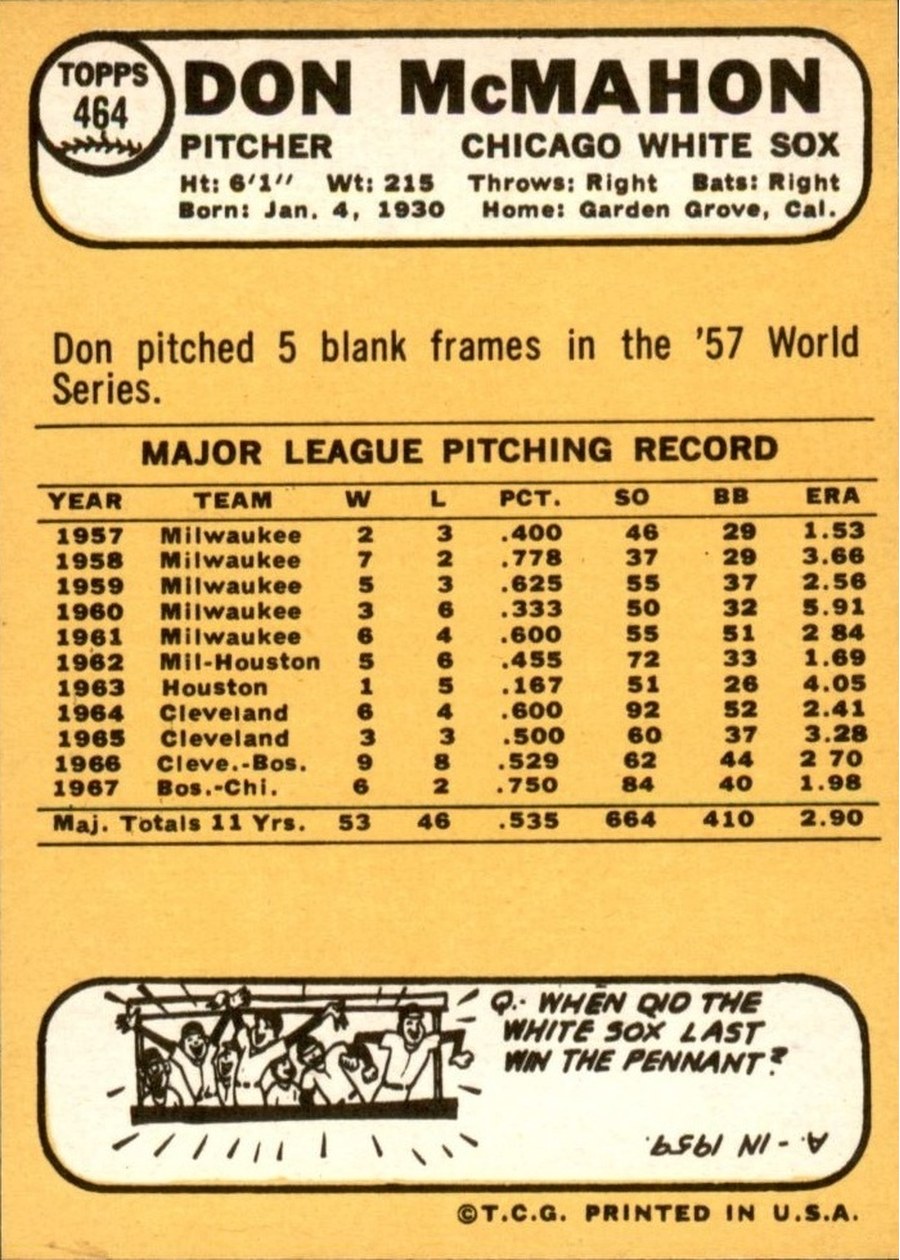 1968 Topps #464 Don McMahon card back
