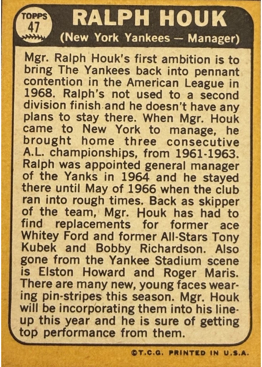 1968 Topps #47 Ralph Houk card back