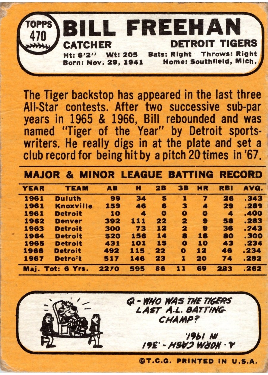 1968 Topps #470 Bill Freehan card back