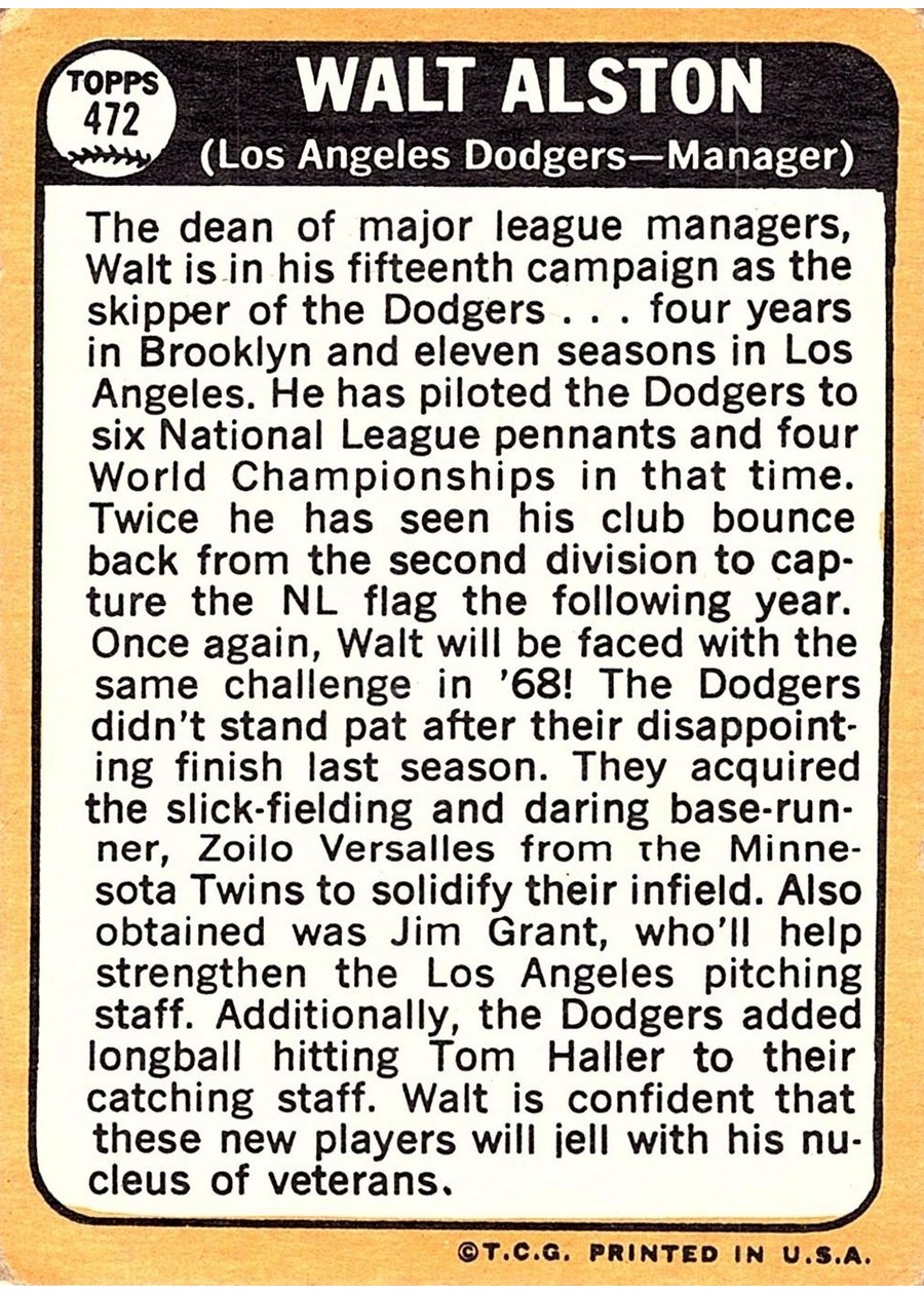 1968 Topps #472 Walt Alston card back