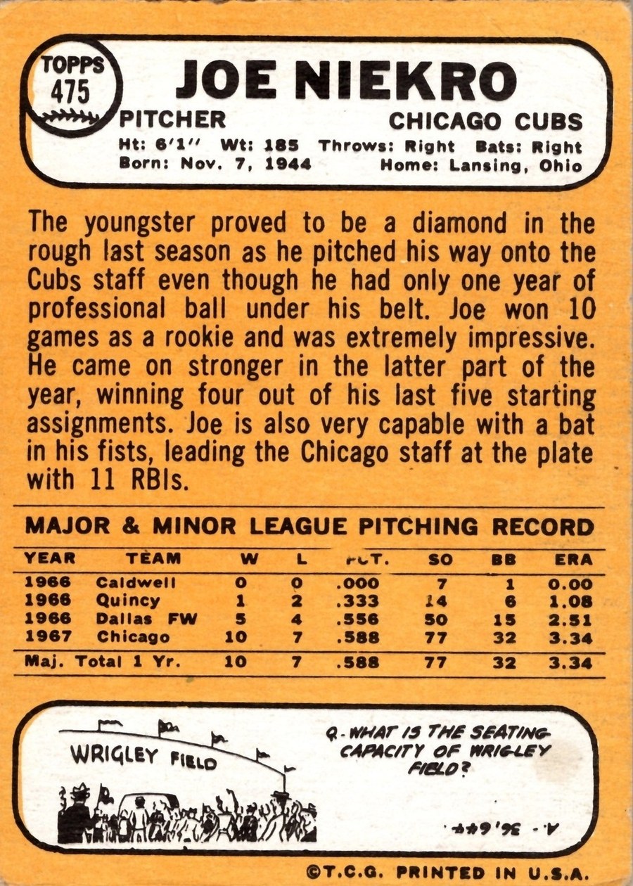 1968 Topps #475 Joe Niekro card back