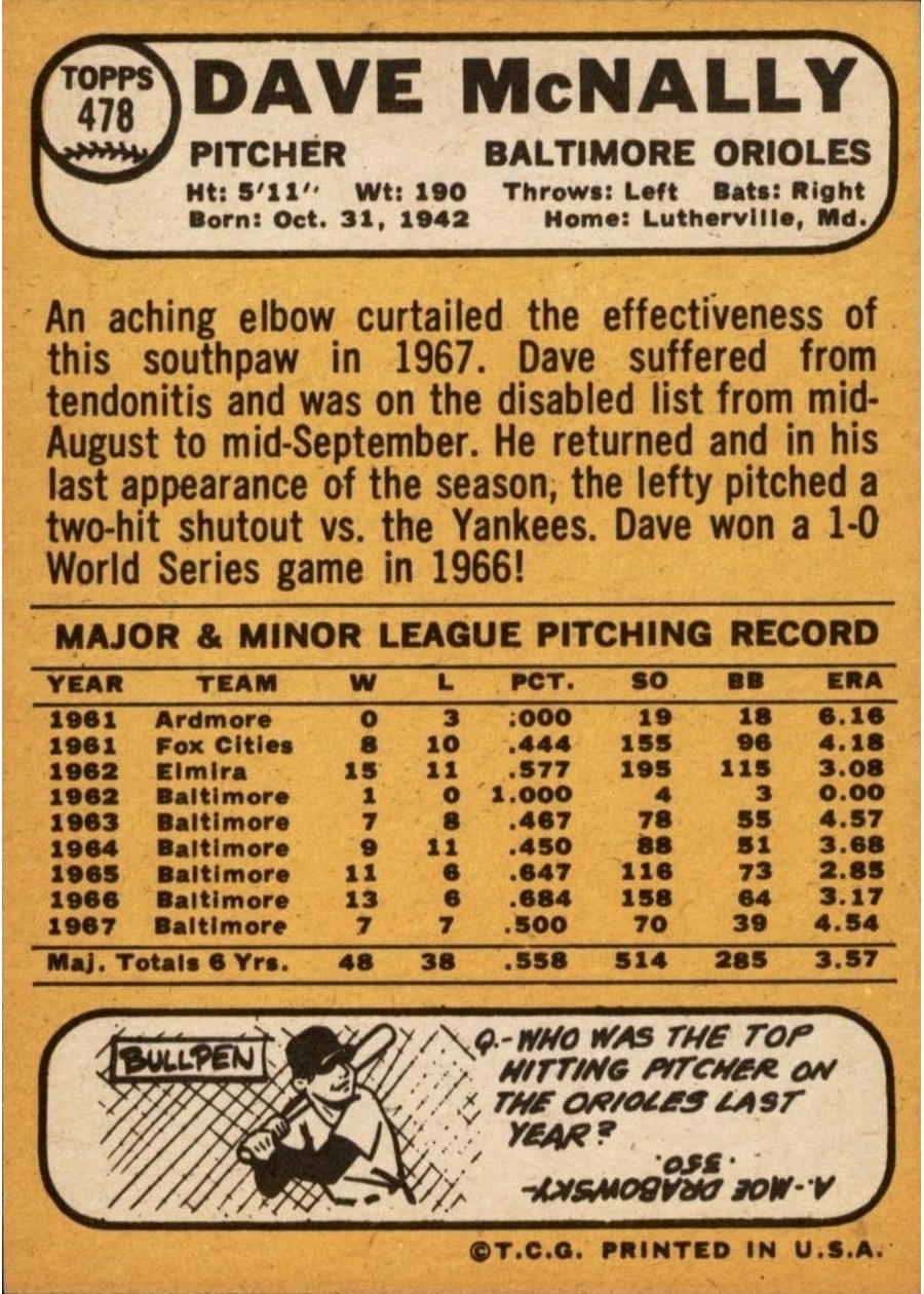 1968 Topps #478 Dave McNally card back