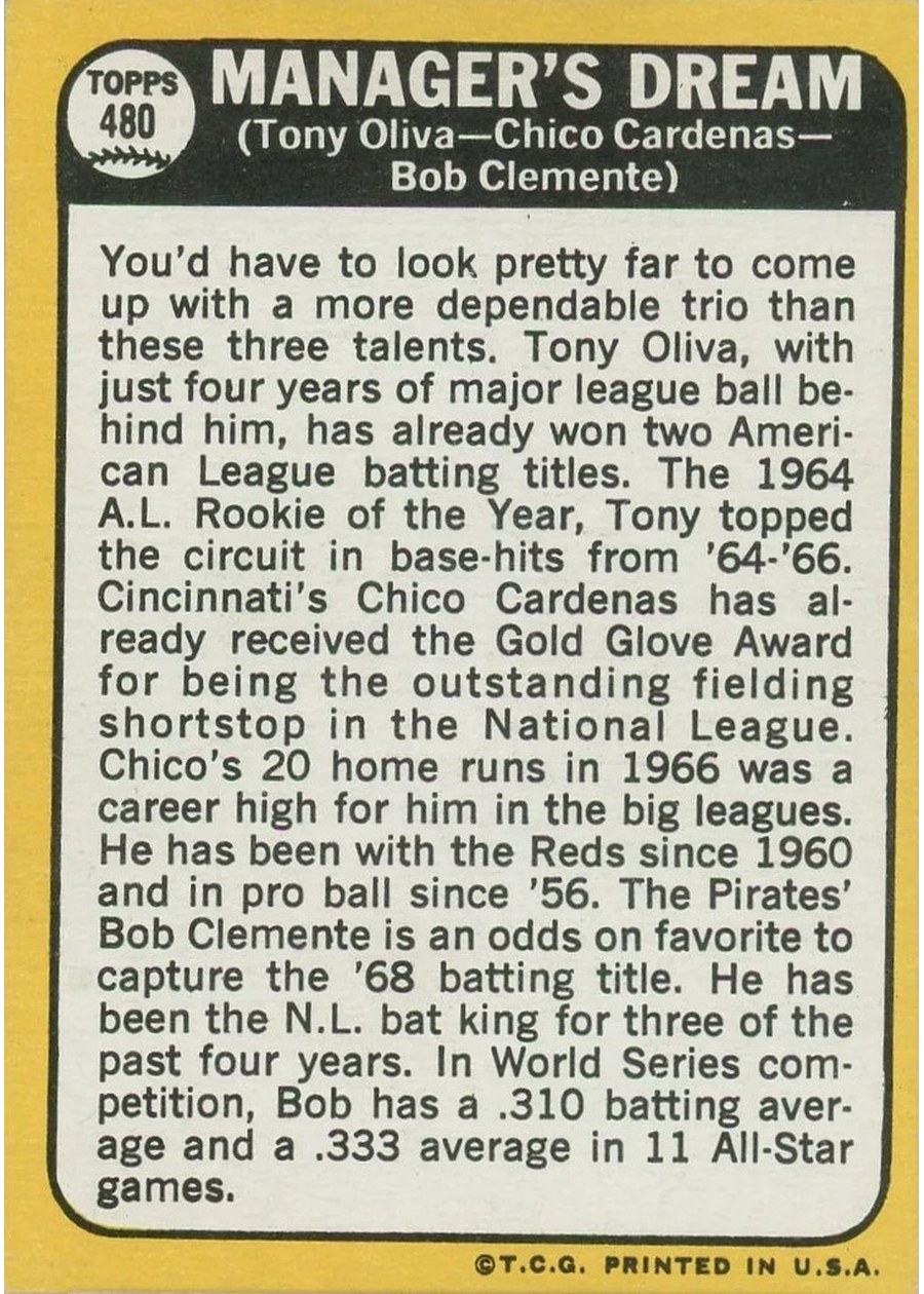 1968 Topps #480 Manager's Dream card back