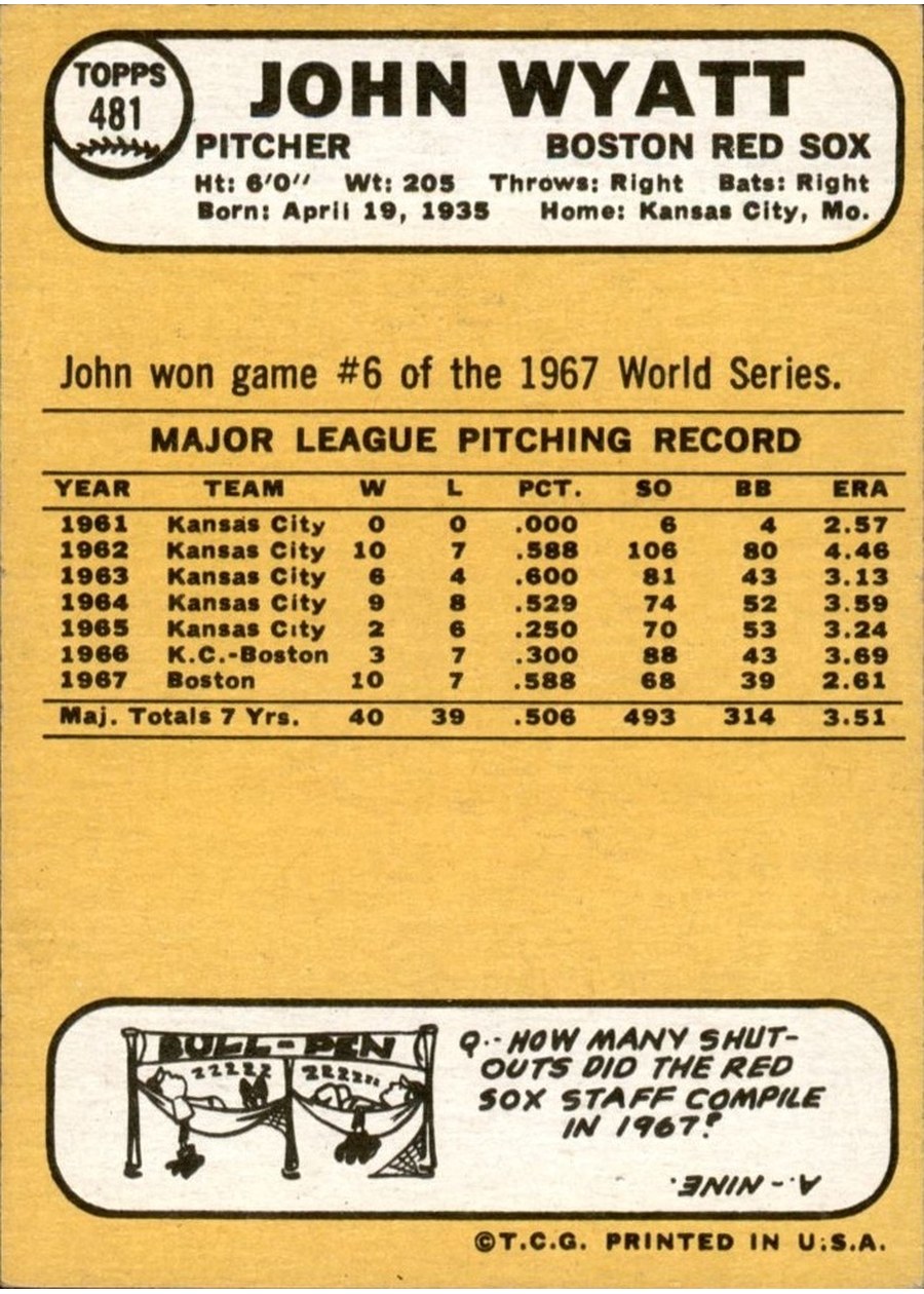 1968 Topps #481 John Wyatt card back