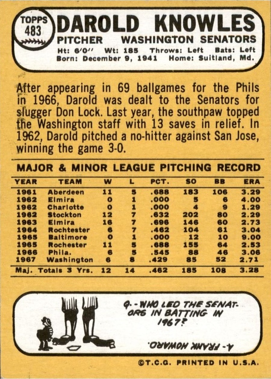 1968 Topps #483 Darold Knowles card back